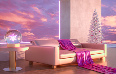 Abstract Winter Christmas scene with geometrical forms in natural day light. 3d render.
