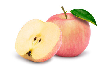 red and yellow apples with half slice and green leaf isolated on white background.