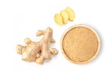 Ginger powder in wooden bowl isolated on white background. 