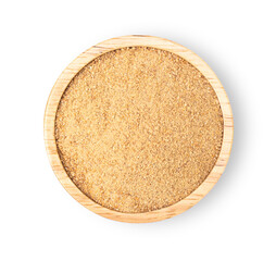 Ginger powder in wooden bowl isolated on white background. Top view. Flat lay. Clipping path.