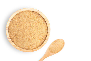 Ginger powder in wooden bowl isolated on white background.