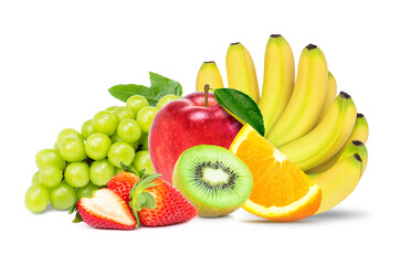 Pile of different types of fresh organic fruits, mix fruit isolated on white background.  