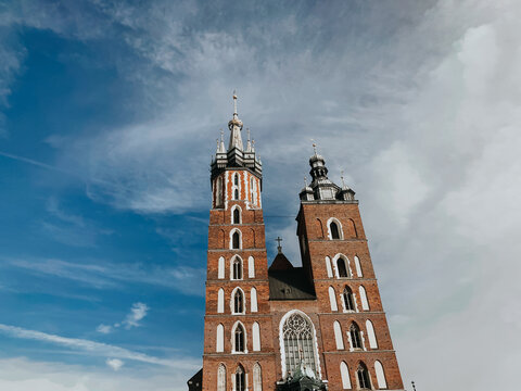 Krakow Poland. St. Mary's Church Old Town, center, naturally vivid photo of Krakow's architecture. Travel