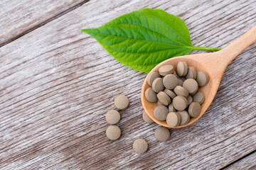 Betel leaf ( Piper sarmentosum, Wildbetal leafbush ) with herbal capsules pill isolated on wood table 
