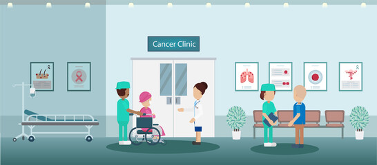 Cancer clinic with doctor and patients