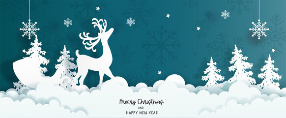 Christmas card with reindeer and Christmas tree. Winter scene in paper cut style