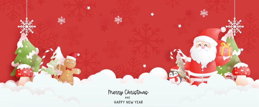 Christmas scene banner with Cute Santa and Christmas tree