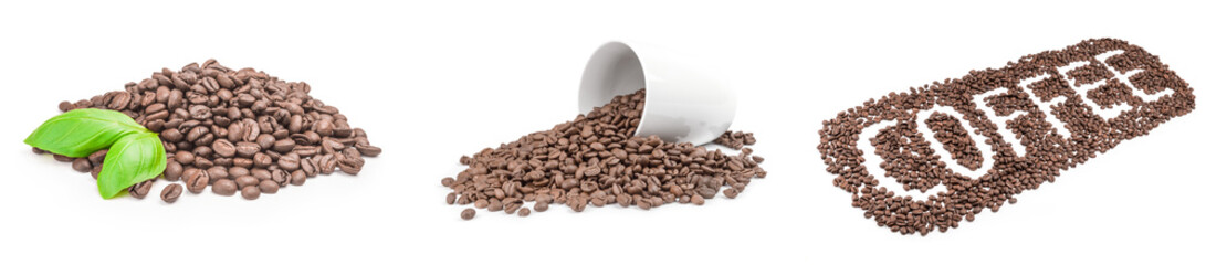Group of brown coffee beans on white