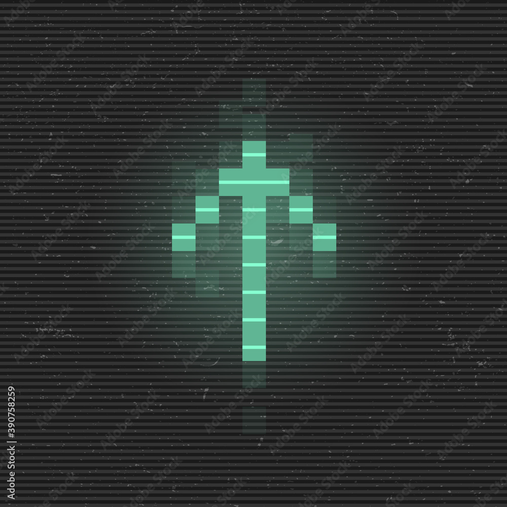 Aufkleber retrofuturistic glitch up arrow. green glowing digital pointer. 8 bit pixel arrow. cyberpunk glowing