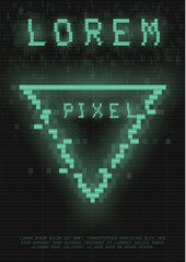 Fototapeta premium Retrofuturistic poster with a cyber glitch pixel triangle. Cyberpunk template with a holographic green neon triangle with distortion effect. Glowing design for poster, flyer, cover. Vector