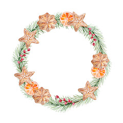 Watercolor Christmas wreath with pine branches and berries