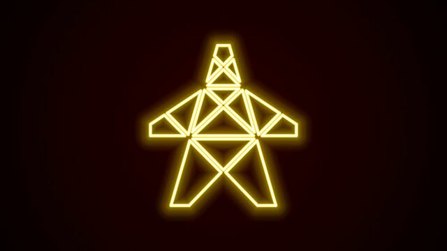Glowing neon line Electric tower used to support an overhead power line icon isolated on black background. High voltage power pole line. 4K Video motion graphic animation