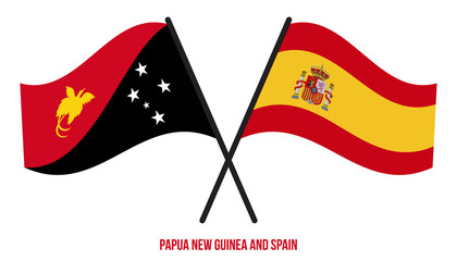Papua New Guinea and Spain Flags Crossed & Waving Flat Style. Official Proportion. Correct Colors.