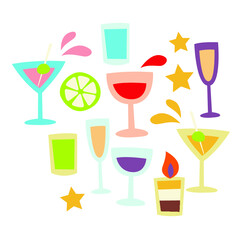 Different type of cocktail glasses icons set, simplicity cartoon flat style, vector art illustration. Design for stickers, logo, web and mobile app.