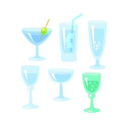 cocktails glasses set, cartoon flat style, isolated color vector art illustration icon. Design for stickers, logo, web and mobile app.