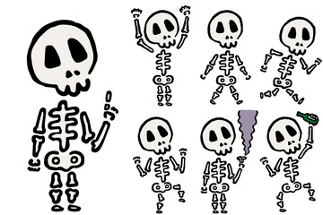  Skeleton Set: Hand drawn vector illustration like woodblock print