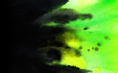 Abstract watercolor background. Contrast of black dissipating darkness on left side and bright acid color - mixture of light green and yellow on right side. Hand drawn illustration on textured paper