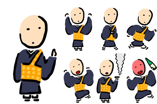  Japanese Buddhist Priest Set: Hand drawn vector illustration like woodblock print