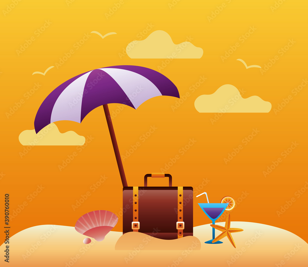 Poster hello summer season with suitcase and umbrella in beach scene