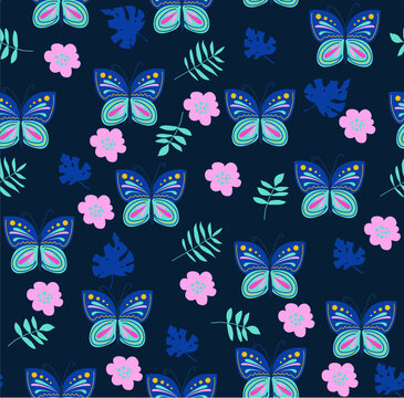 Seamless vector pattern with the image of bright butterflies and floral elements. Trendy background and template for printing on children's fabrics. Hand drawn digital illustration