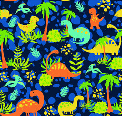 Naklejka na ściany i meble Vector seamless pattern with dinosaurs and floral patterns. leaves of grass and reptiles in a digital ornament. Beautiful fabulous background. Pattern for baby fabrics 