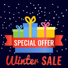 Christmas discount banners with colorful gift boxes with bows. Winter season sale concept. Vector stock illustration.