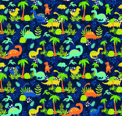 
Vector seamless pattern with dinosaurs and floral patterns. leaves of grass and reptiles in a digital ornament. Beautiful fabulous background. Pattern for baby fabrics 