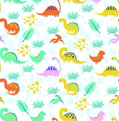 
Vector seamless pattern with dinosaurs and floral patterns. leaves of grass and reptiles in a digital ornament. Beautiful fabulous background. Pattern for baby fabrics 