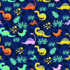 
Vector seamless pattern with dinosaurs and floral patterns. leaves of grass and reptiles in a digital ornament. Beautiful fabulous background. Pattern for baby fabrics 