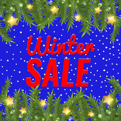 Christmas discount banners with fir branches and light garland stars. Season sale concept. Vector illustration.