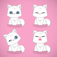 Set of cute white cats flat icons pet design collection isolated over white background. Vector Illustration Cartoon.