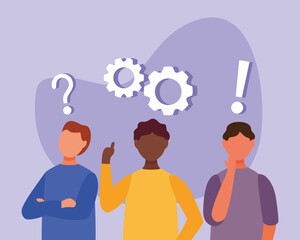 interracial men doubting with question marks and gears