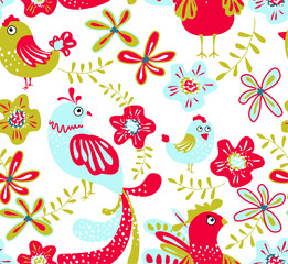 Vector illustration with plant leaves and birds in ethnic folk style. Hand drawn picture about a fairy tale. Seamless pattern for fabric and textile design