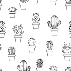 Mixed cactus pots handmade cartoon ilustration, black and white oulined, sketch, seamless pattern
