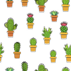 Cactus and suculent pots handmade cartoon ilustration black oulined, unfit colored, vector over white background,  seamless pattern	
