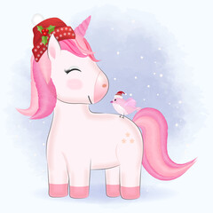 Cute little unicorn and bird cartoon hand drawn Christmas season watercolor illustration