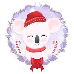 Cute koala and wreath Christmas hand drawn animal watercolor illustration