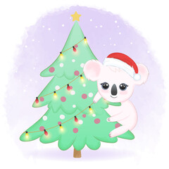 Cute koala on pine tree in winter season hand drawn animal watercolor illustration