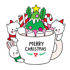 Hand draw cartoon cute Merry Christmas, Animals and sweet cup vector.