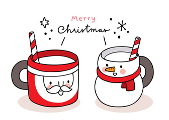 Hand draw cartoon cute Merry Christmas, Santa claus and snowman coffee cup vector.