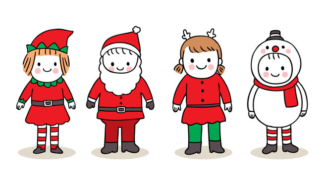 Hand Draw Cartoon Cute Merry Christmas, Children Cosplay Christmas Vector.