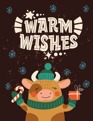 Warm Wishes. Bull in a hat and scarf with a gift in hand. Great lettering for greeting cards, stickers, banners, prints and home interior decor. Xmas card. Merry Christmas and Happy new year 2021.