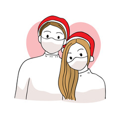 Hand draw cartoon cute Merry Christmas, Couple and face mask protect virus vector.
