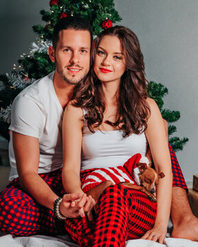 Happy young family with their small dog sitting under Christmas tree, posing for Christmas family photos