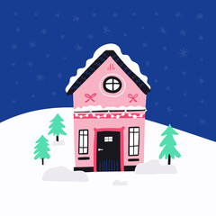 Townhouse on winter landscape flat vector illustration