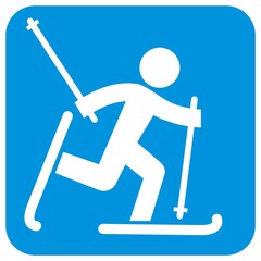 cross-country skier, white silhouette at blue frame,vector icon