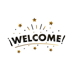 welcome label lettering with golden stars