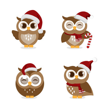 Christmas theme  owl wearing Santa cap hat.Vector illustration.