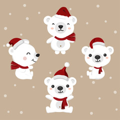 Set of Polar Bear wearing Santa's hat for Christmas celebration.