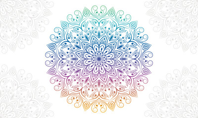 Gradient colorful mandala background with floral ornament pattern. Hand drawn mandala design. Vector mandala template for decoration invitation, cards, wedding, logos, cover, brochure, flyer, banner.